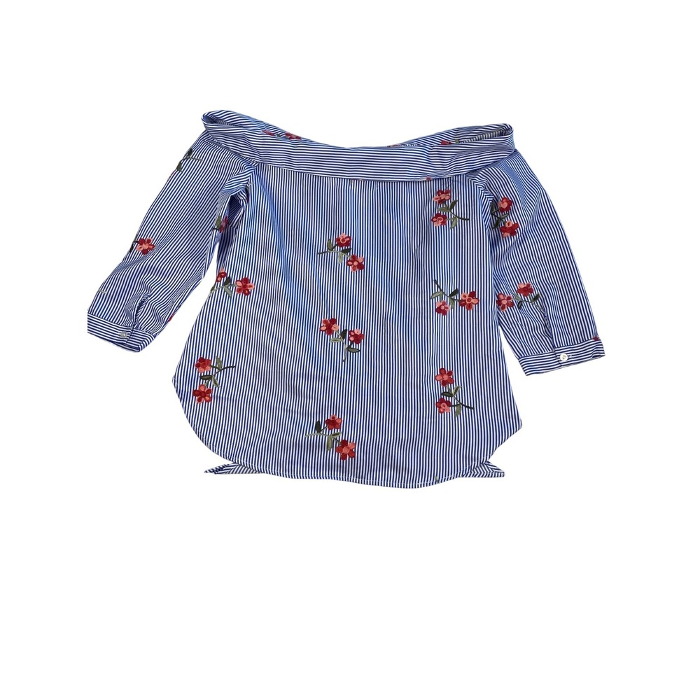 Haute Project LA Blue Stripe Floral Embroidered Tie Front Off Shoulder Top M - Picture 7 of 16